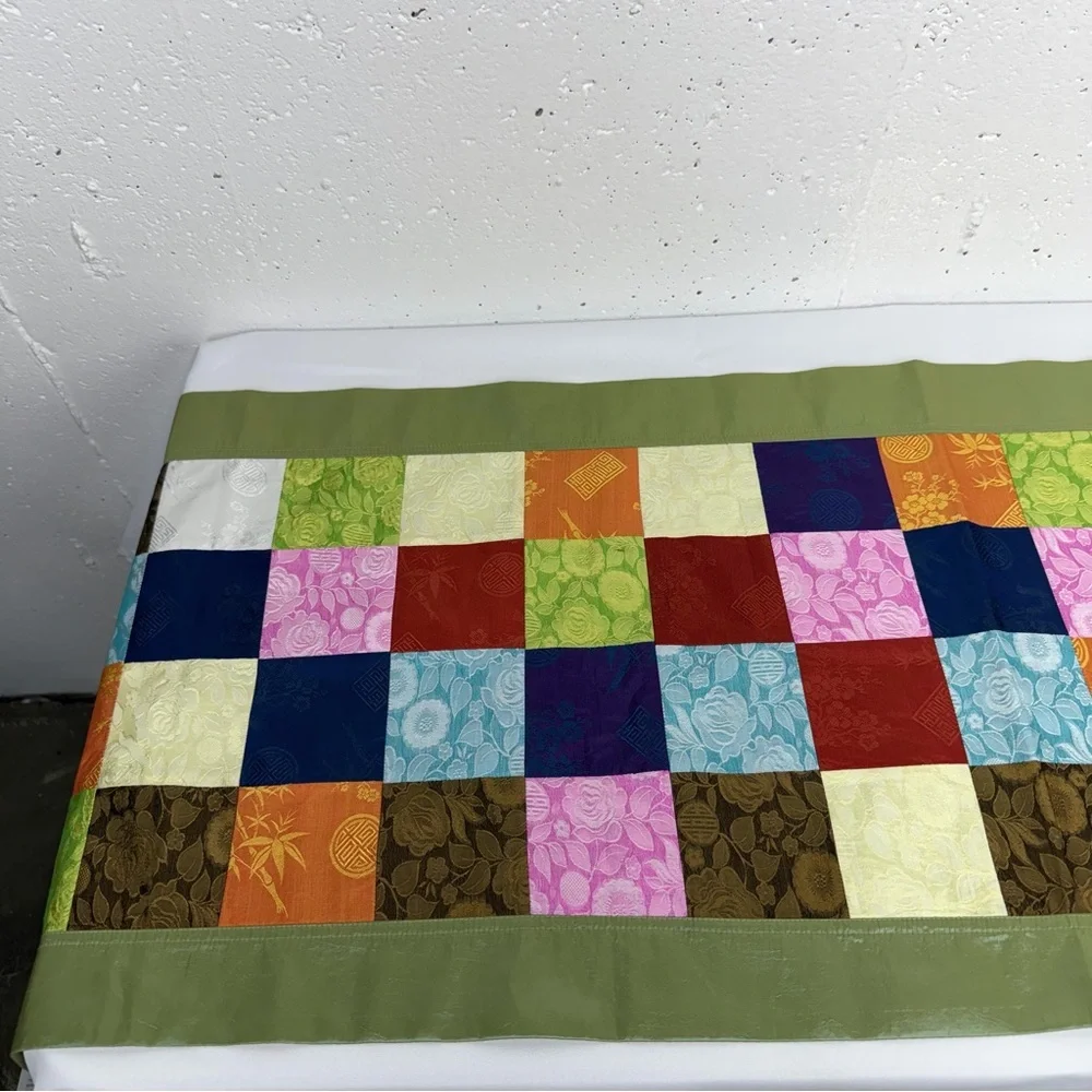 100% Silk Multi Colored Patchwork Chinese Table Cloth 16.7 x 75 Inches